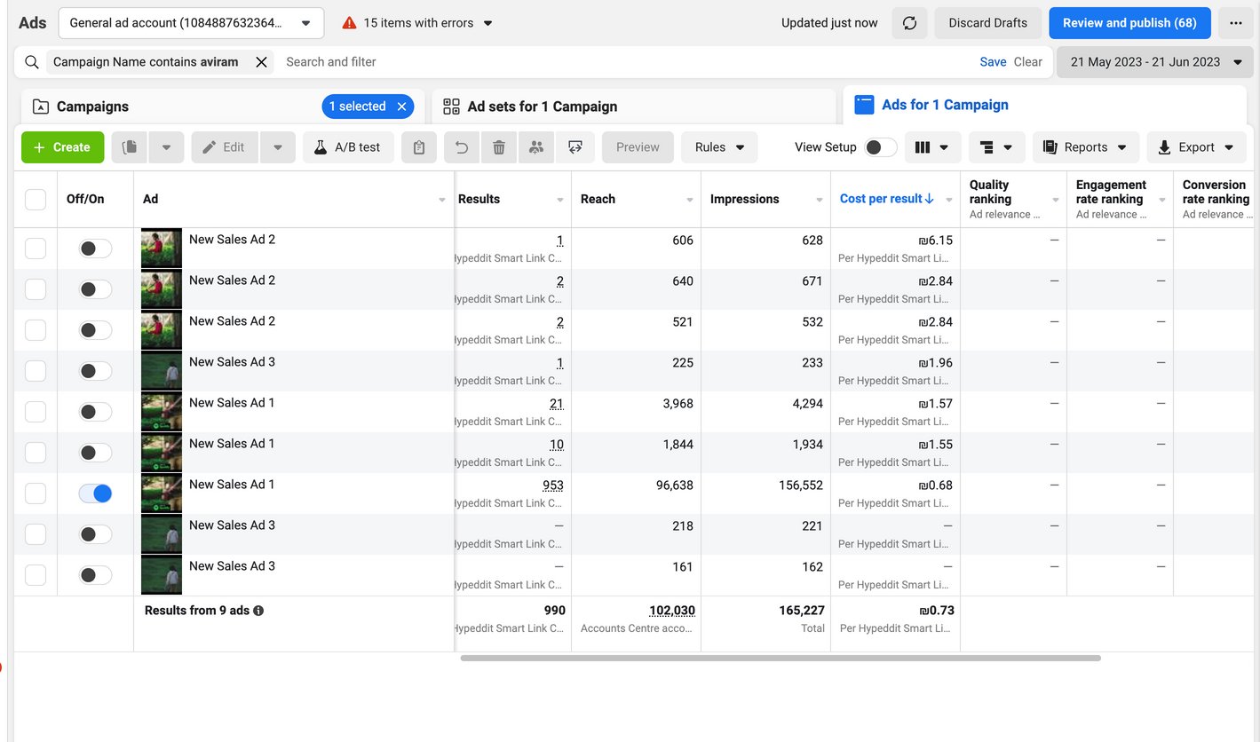 Meta ads manager results after one month