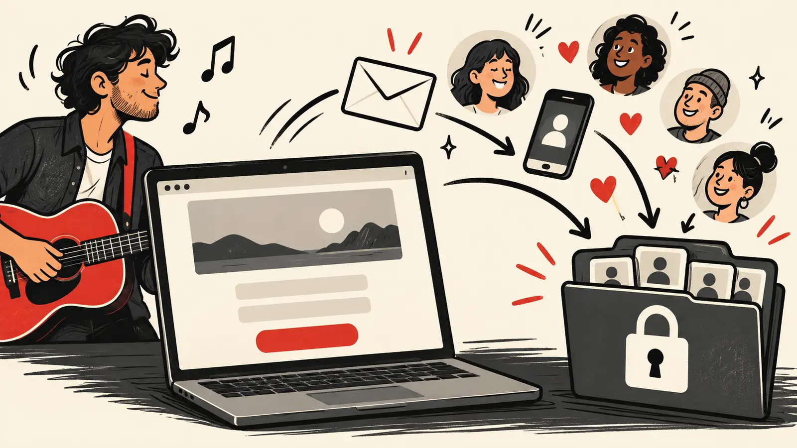 Editorial illustration of an artist fan-capture landing page collecting consented fan contacts
