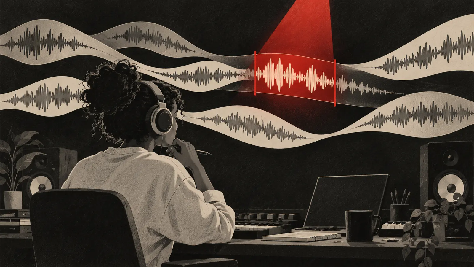 Artist comparing waveform sections to choose a short hook for a music ad