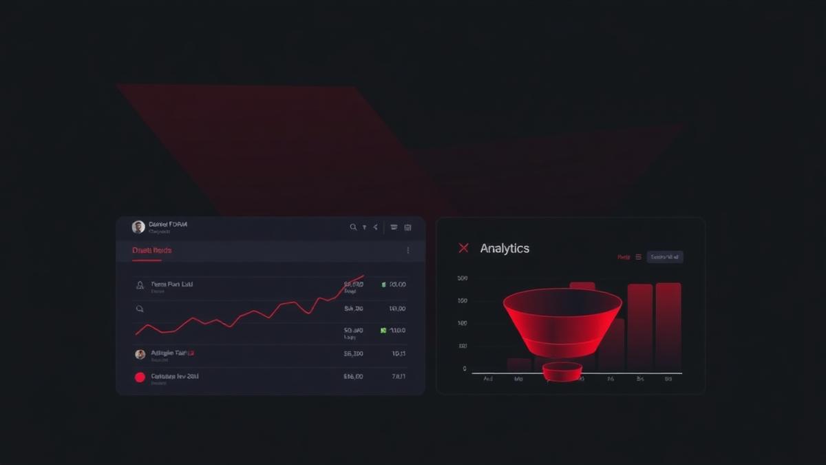 Dark analytics dashboard with a red conversion funnel chart