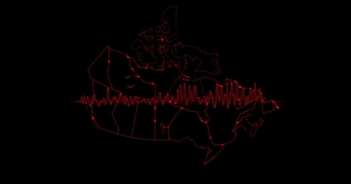 Dark map of Canada outlined in red with data points and a waveform