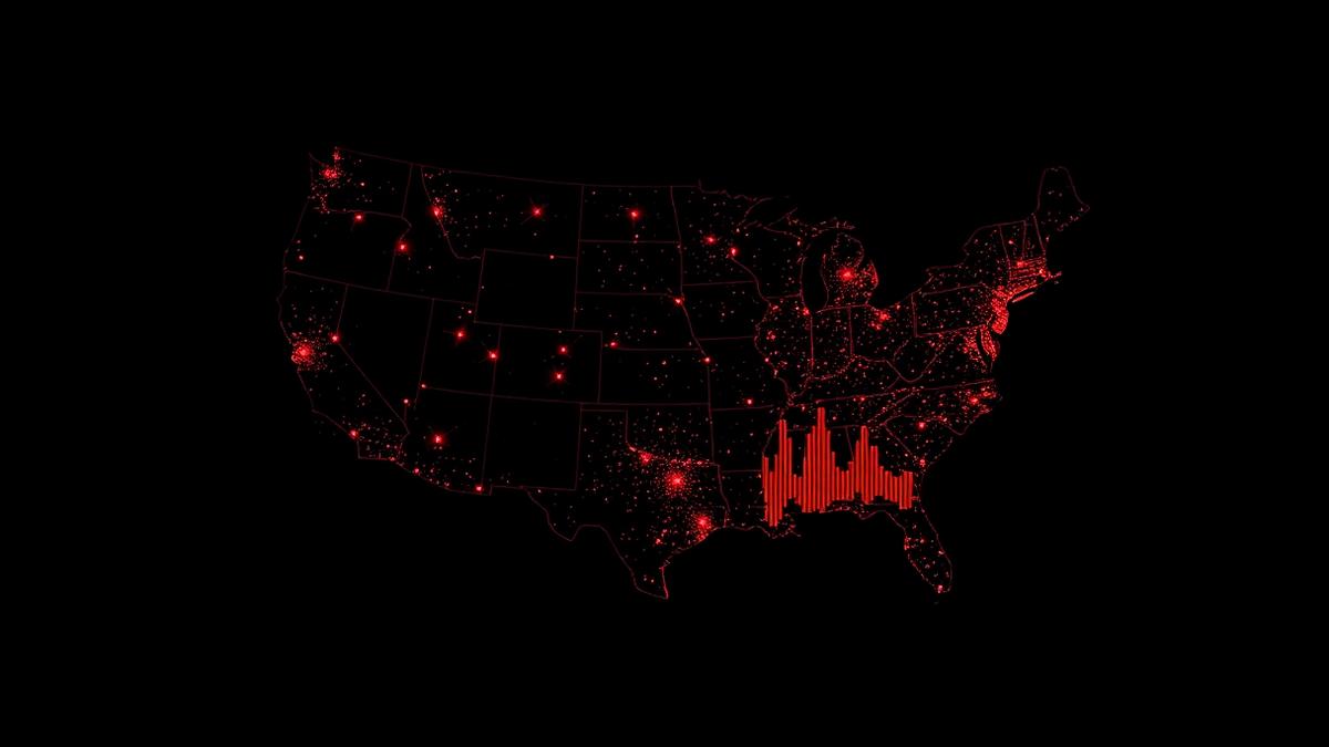 Dark map of the United States with red data points and a waveform
