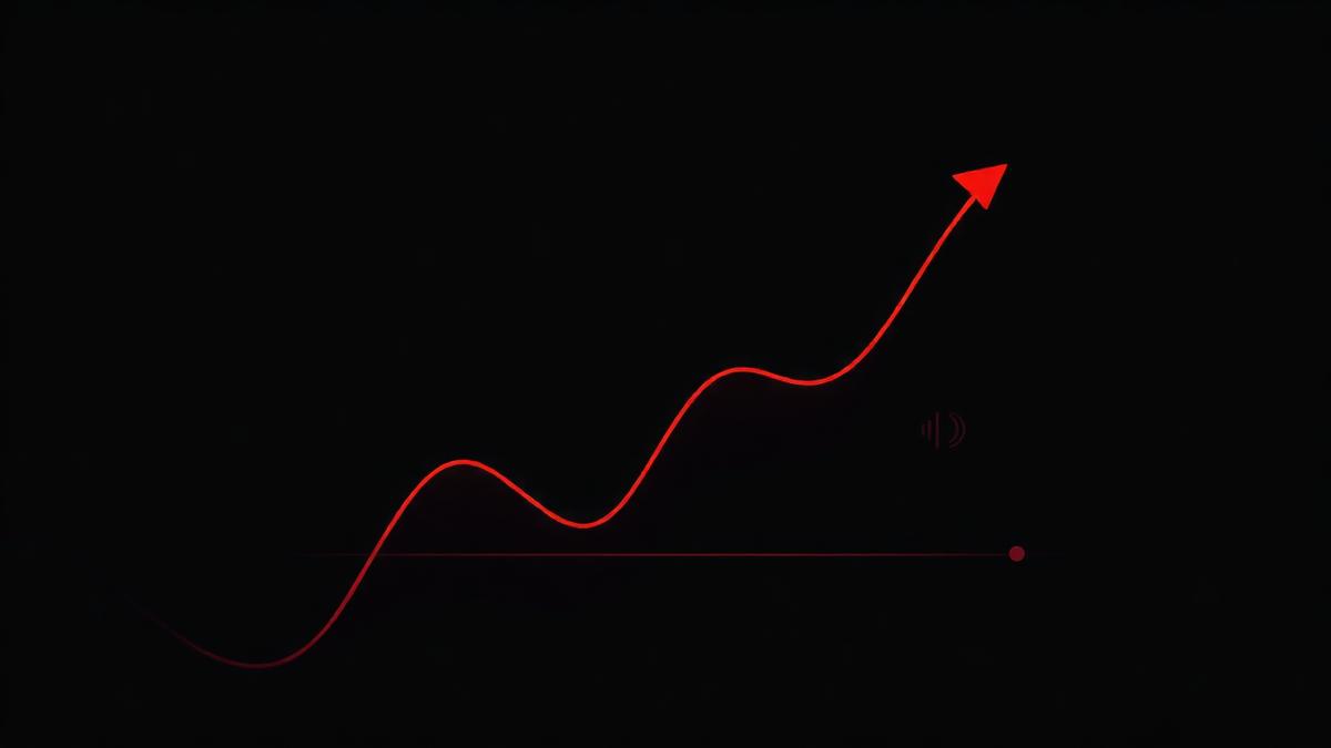 Red rising growth curve on a dark background with a small audio icon
