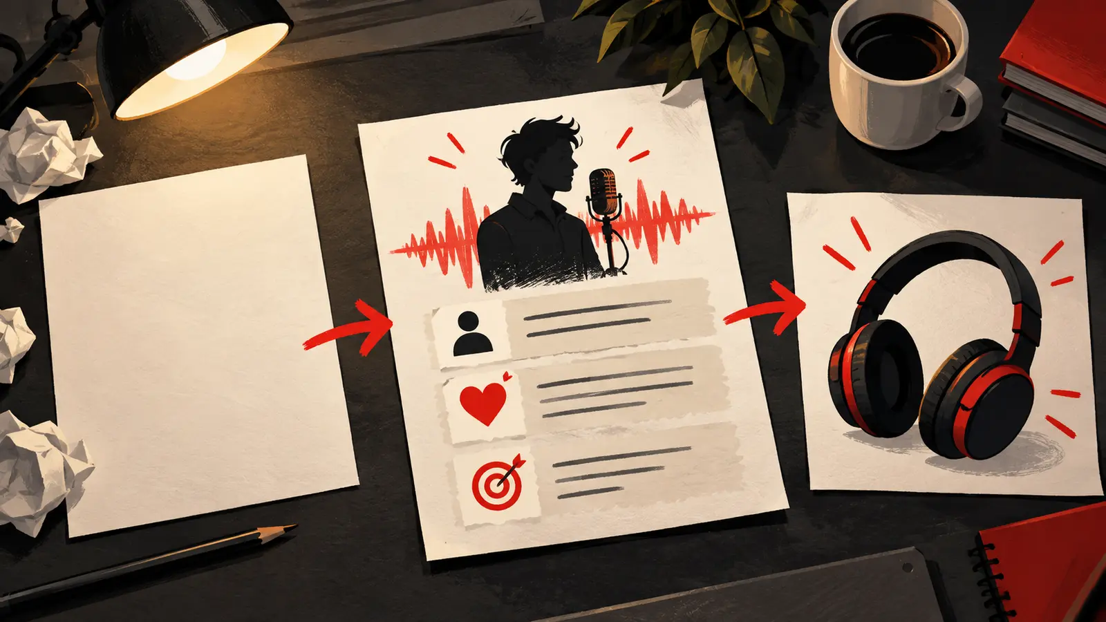 Illustrated microphone, waveform and message cards leading a new listener toward headphones
