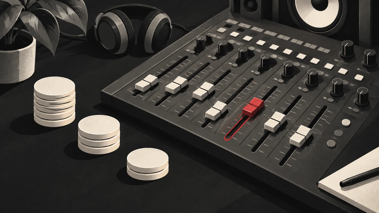 Three groups of blank budget tokens beside a music mixing desk with one red fader.