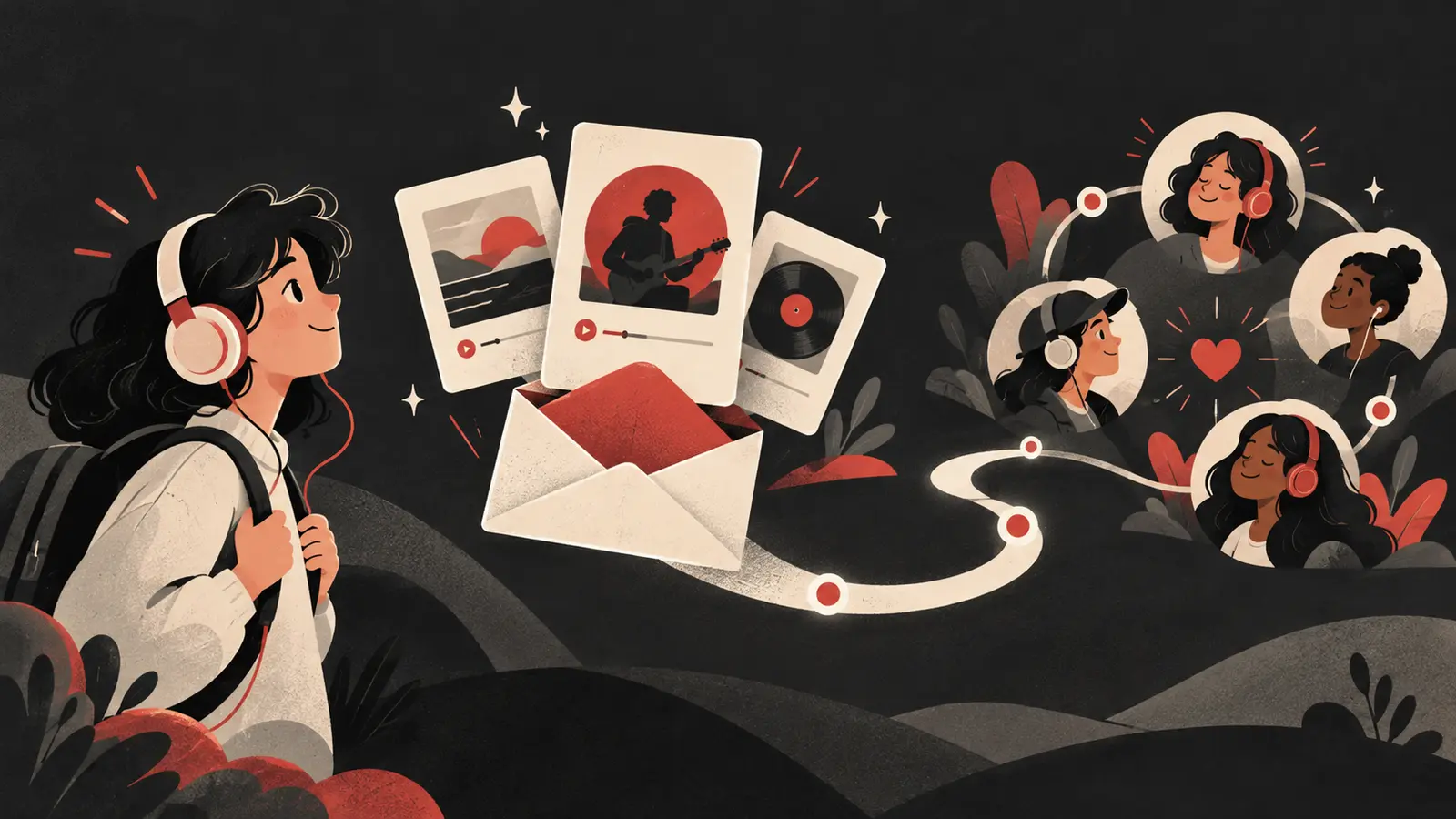 Editorial cartoon of a new music fan entering an email welcome journey toward a connected fan community.