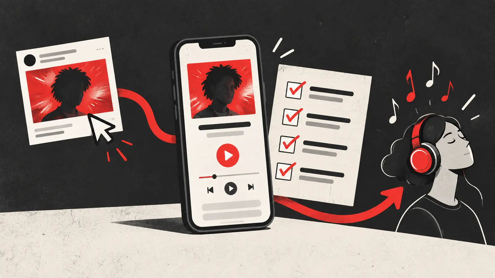 Illustrated phone, checklist and headphones connected by a red path from an ad to a listener