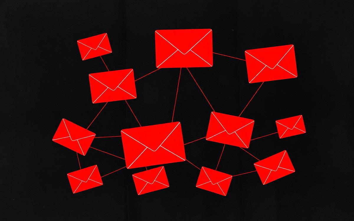 Red envelope icons connected in a network on a dark background