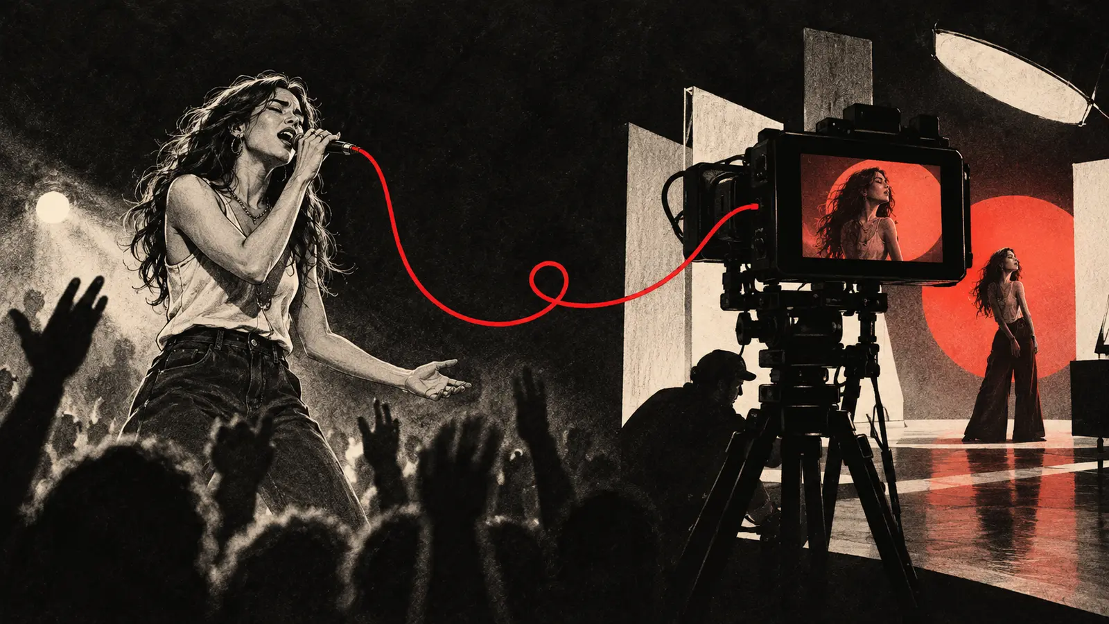 Singer performing live beside a polished music video camera setup