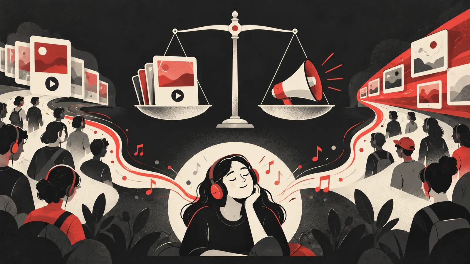 Editorial cartoon comparing a playlist pitching route and a paid advertising route leading to a real listener.