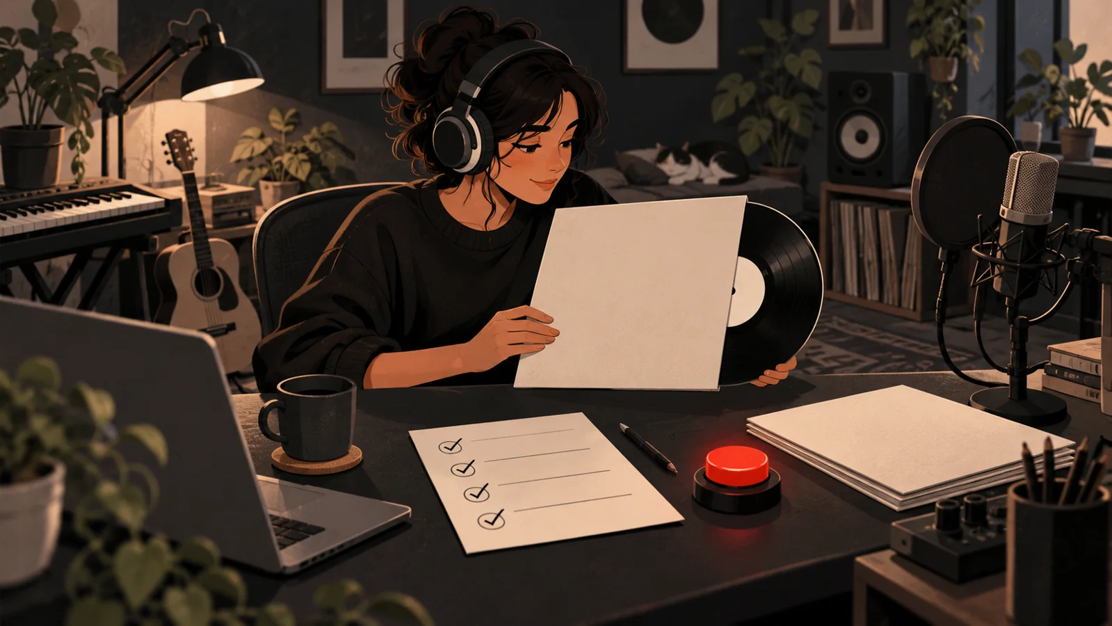 Illustrated musician reviewing a release checklist beside headphones and a red studio button.