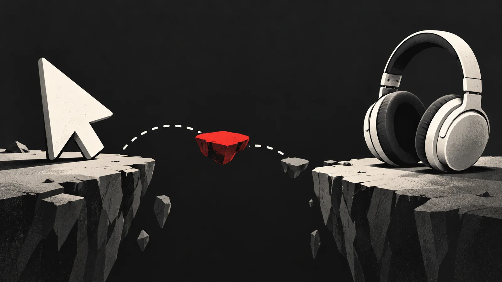 A pointer and headphones on opposite sides of a gap with one red stepping stone between them.