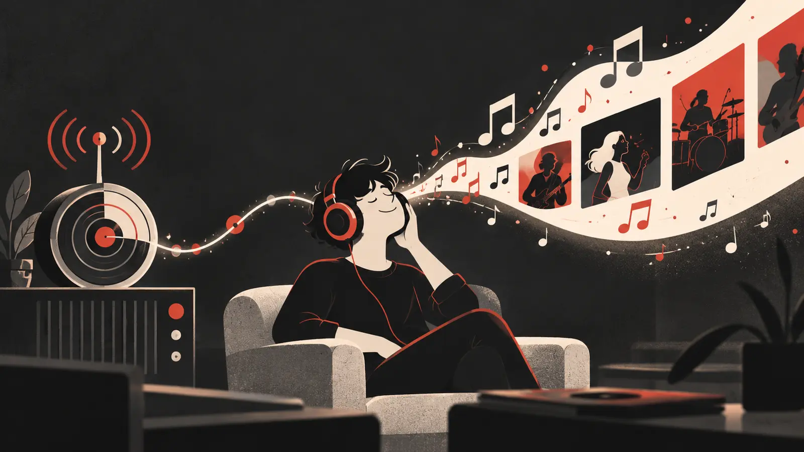 Editorial cartoon of a listener discovering music through a radio signal and headphones.