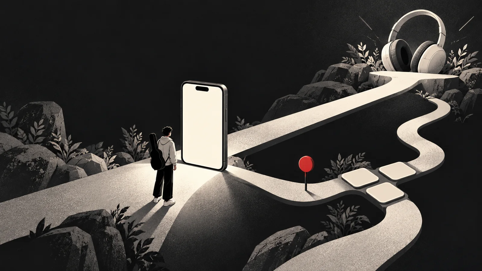 A blank phone beside direct and branching paths toward headphones, marked by one red sign.