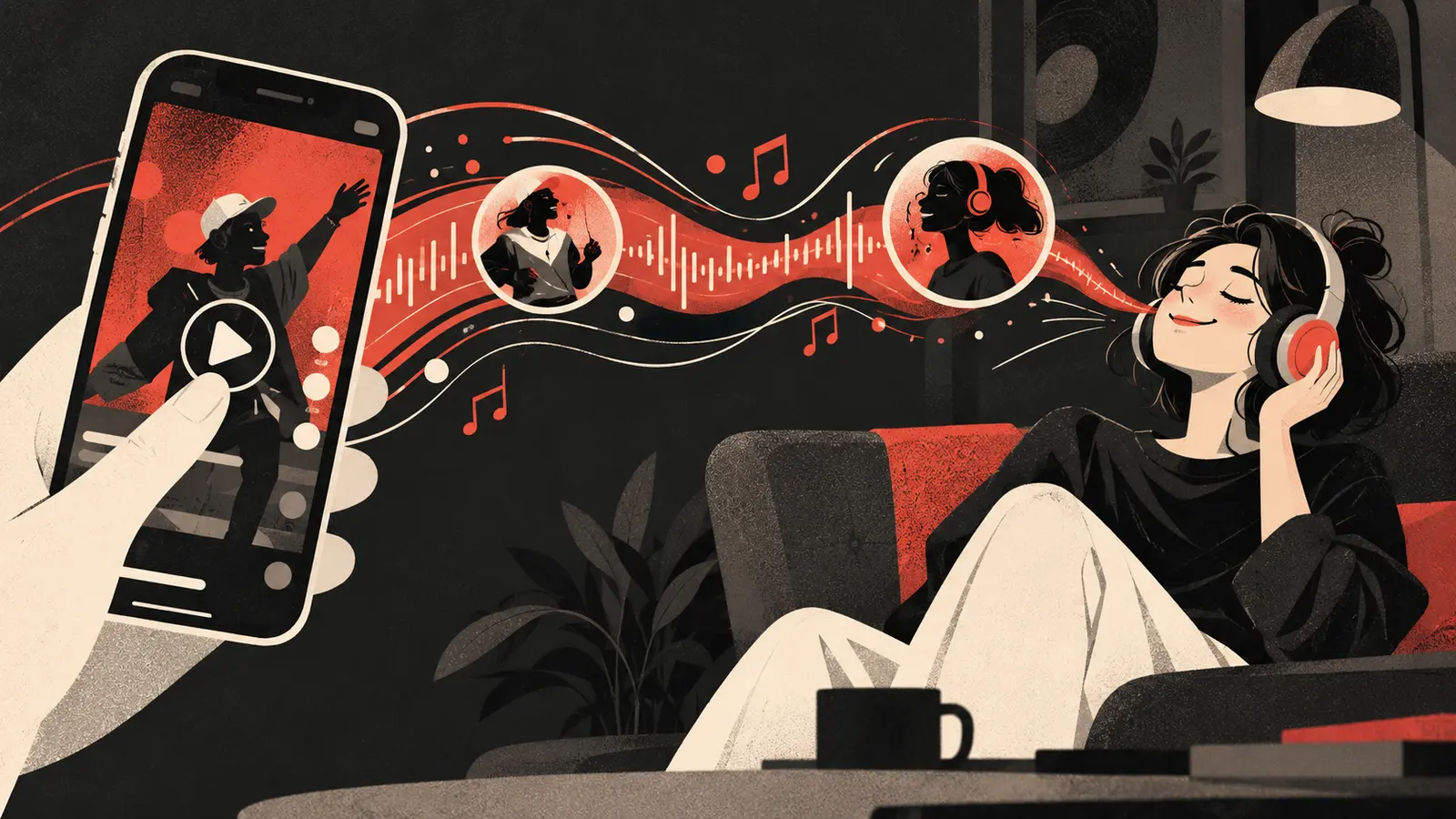 Editorial cartoon of a short-form music video traveling from a phone to a listener with headphones.