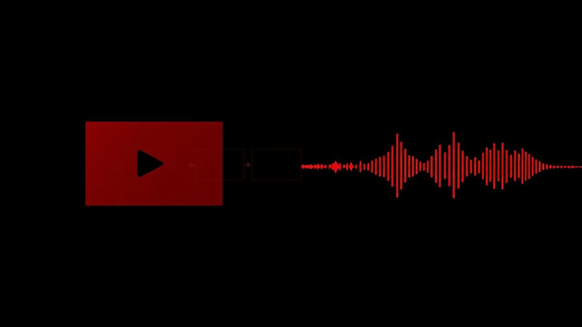 Red video player icon connected by arrows to an audio waveform on a dark background